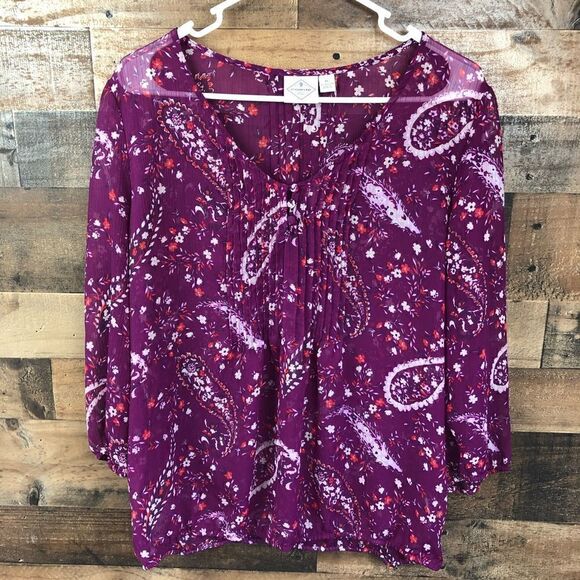 St. John’s Bay Blouse Semi Sheer Purple Paisley Print Tie Front 3/4 Sleeves XL - Picture 3 of 12